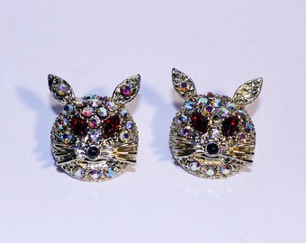 Set of 2 Vintage Rhinestone Rabbit Pins, Set of Bunny Lapel Pins, Rabbit Brooch, Rhinestone Pins