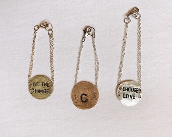 Custom Hand Stamped Metal Chain Hammered Monogram Coin Bracelet