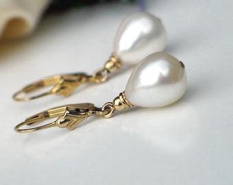 Teardrop Pearl Earrings | White Freshwater Drop Pearl | 14k Gold Filled Fleur De Lis Leverback Dangles | Birthday | Everyday | Ready to Ship
