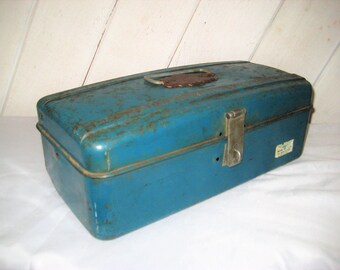 Mid century blue metal tool box, hinged lid, carrying tool box, Union Utility Chest, rustic, distressed, made in USA