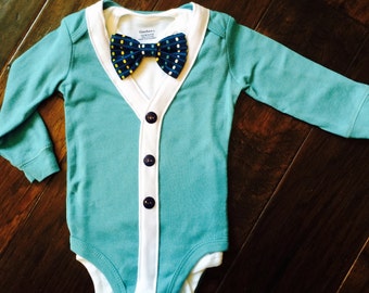 Preppy Baby Boy Cardigan, Onesie + Bow Tie Set