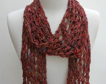 Cotton Scarf- Hand Knit / Cinnamon, Lavender, Rose