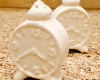 White Alarm Clocks Salt and Pepper Shakers from Japan circa 1950's
