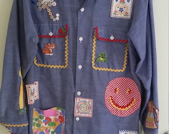 70s vintage denim chambray button up with patches and embroidery
