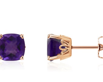 14K Rose Gold Cushion-Cut Genuine Purple Amethyst Gemstone Stud Earrings - 2.75ct - 6x6mm - February Birthstone - Handmade Gift For Her