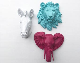 ANY COLOR SET of 3 Faux Taxidermy // Zebra // Lion // Elephant // Fake Animal Head // Safari Nursery // Zoo // Jungle // Bust // Girls Room