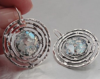 New Israel Handmade 925 sterling Silver Roman Glass spiral long Earrings (as 432106)