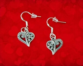 50% SALE Valentines Day Earrings..Silver Heart Earrings..Heart Dangle Earrings..Filigree Heart..Valentines Day Gift For Her FREE SHIPPING