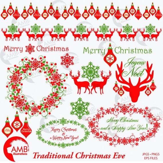 Items similar to Christmas Clip Art, Traditional Christmas Clipart, Vintage Christmas, Reindeer