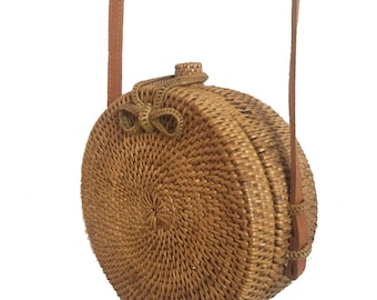 Rattan Bags for Women with Small Circle Leather Strapping Round Butterfly buckle