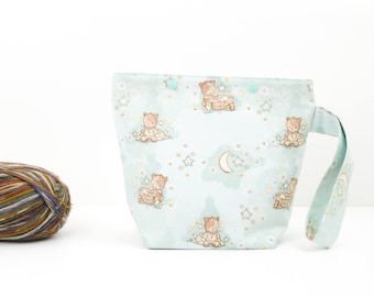 Baby bear project bag, knitting bag with snaps, toy crochet storage, cute craft organiser