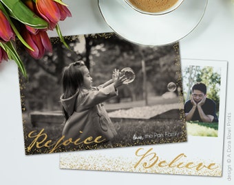 Christian Christmas Photo Card Template, faux gold foil sparkles Holiday Family Card 5x7 Photography Photoshop template, “Rejoice + Believe”