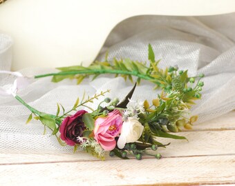 Green White Marsala Flower Wedding hair wreath Floral hair wreath Bridal floral crown Bohemian flower crown Hair flowers Boho floral crown