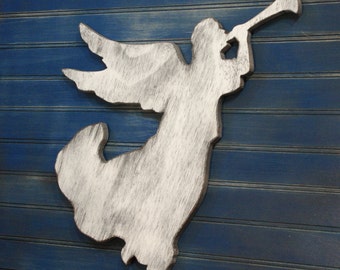 Trumpeting Rustic Christmas Angel, Musical Angel, Rustic Wooden Folk Art