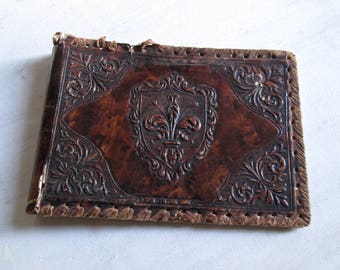 Vintage PHOTO ALBUM with embossed LEATHER brown cover - Photo props