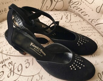 French Room Black suede ankle strap heels with rhinestones