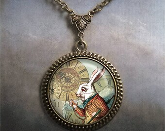 White Rabbit necklace, Alice jewelry Alice in Wonderland jewelry Wonderland necklace Steampunk White Rabbit Wonderland necklace clocks