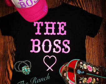 Baby onesie (The Boss) with personalized ranch brand