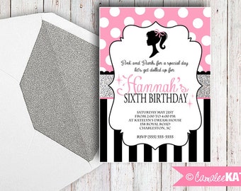 Classic Doll Birthday Invitation - Printable file - Pink Polka dots, Black, White & Silver Glitter - Personalized - Girls Birthday Party