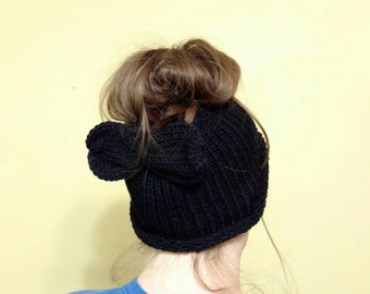 Messy Bun Hat Crochet Knitted Black with bow