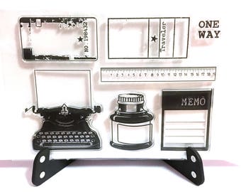 Vintage Typewriter Stamp, Traveler Notebook Clear Transparent Stamp, One Way Rubber Stamp, Planner Bullet Journal, Memo, Ruler, Ink, Paper