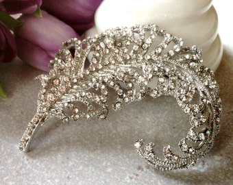 Extra Large Rhinestone Flatback Embellishment or Pin Clear Rhinestone Brooch Crystal Feather Broach Wedding Brooch Bouquet Sash DIY SC10