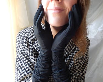 Vintage Black Gloves - Long Evening Gloves - Long Gathered Gloves - Wedding Gloves - Formal Accessory - Bridal Gloves - Ladies Gloves