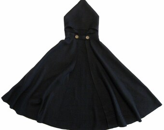 BLACK Hooded Cape Cloak, Halloween Costume, Adult Child Toddler Hood, Star Wars Hobbit LOTR Archer Wizard