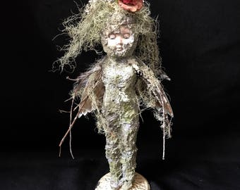 Sleeping Beauty concrete moss art doll OOAk assemblage art moss and twigs
