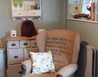 Upcycled Winged Armchair Burlap / Coffee sack