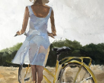 Woman Painting Woman Art Woman PRINT Cycling Art Girl in White Dress with Bicycle - Art Print - from original painting by J Coates