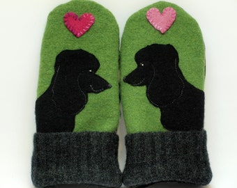 Black Poodle Wool Sweater Mittens Green and Black Poodle Applique and Leather Palm Fleece Lining Eco Friendly Upcycled Size M/L