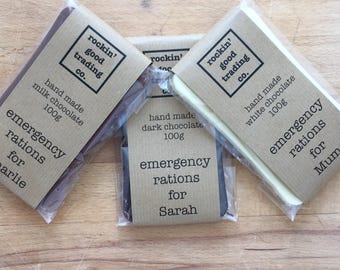 chocolate bar "emergency rations" 100g - choose from dark, milk or white hand made chocolate