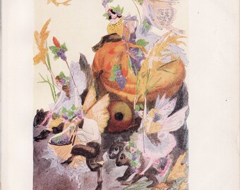 Antique Victorian Art Print-Book Plate-Lithograph-Fairies-Fall Harvest Ride-Artist Penny Ross-1914