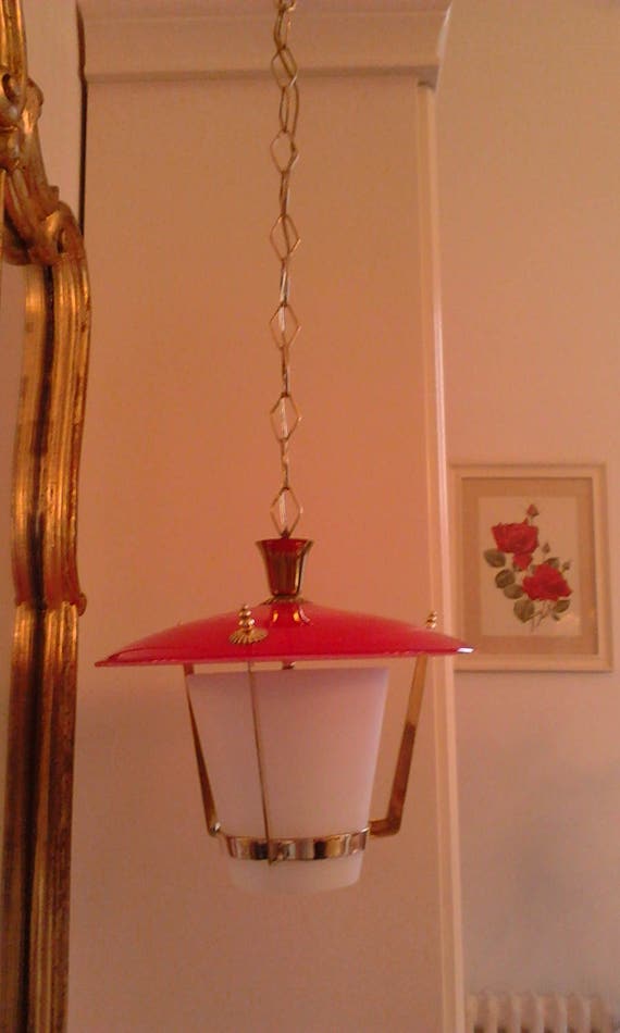 Pendant Chandelier Anni 50 Vintage Lantern Shape Brass Red