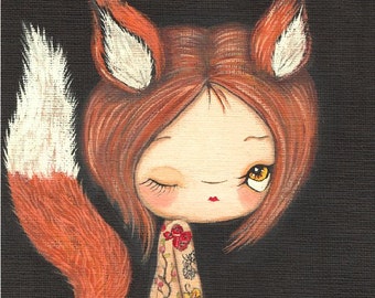 Fox Print Tattooed Girl Fuzzy Fox Wall Art Whimsical Red Fox Portrait