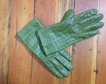 Green Leather Floral Cutout Gloves