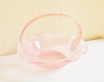Beautiful Pink Glass Basket with Handle - Unique Vintage