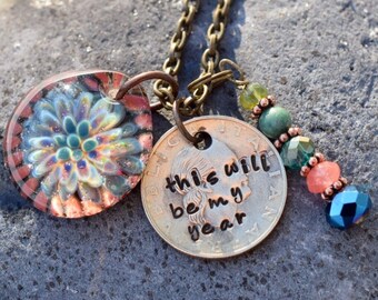 Glass Flower Pendant Boro Lampwork Stamped Coin Necklace - My Year