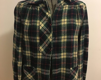 Vintage 1950's wool plaid collared green button down jacket.