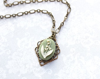 Lily of the Valley Necklace Cameo Necklace Sage Green Vintage Style Pendant Flower Jewelry for Women Victorian Floral Necklace Easter Spring