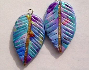 Colorful Leaf Charms Handmade Artisan Polymer Clay Charm Pair