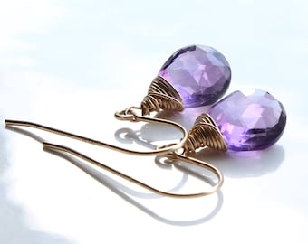 Amethyst Earrings, Gold filled, wire wrap, fine gold earrings with purple gemstone, minimalist earrings, gift, February birthstone, 2015