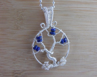 Tree of Life Pendant Necklace Blue Faceted Lapis Lazuli beads Pendant in Silver Parawire Wire Wrapped Jewelry Handmade