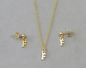 Tiny Initial F Necklace and Earring Set - Gold or Silver Plated