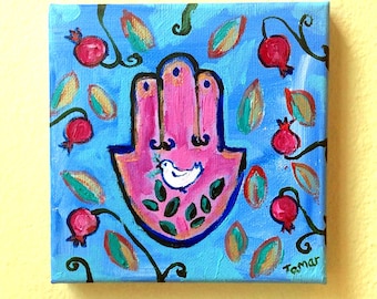 Hamsa, Peace Dove and Pomegranates, Original Acrylic Painting, Canvas Painting, Shalom Artwork, Peace Dove with Olive Branch, Judaica Gifts