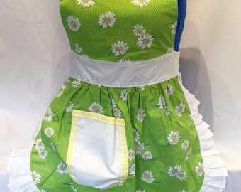 Retro Vintage 50s Style Full Apron / Pinny - Green (Daisies) with White Trim