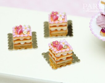 Square Pink Millefeuille Cream-Filled Sablé Individual Pastry - Tiny Miniature Food in 12th Scale for Dollhouse