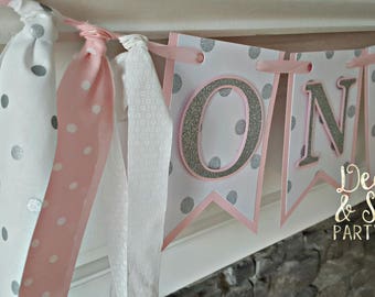 pink and silver first birthday banner * ONE banner * pink and silver rag garland banner* first birthday banner * winter ONEderland party