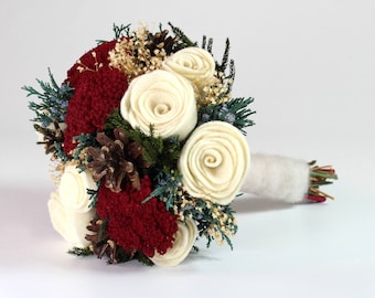 Christmas Wedding Bouquet, Winter Bride, Felt Rose Bouquet, Bridal Bouquet, Alternative Bouquet, Winter Woodland Wedding